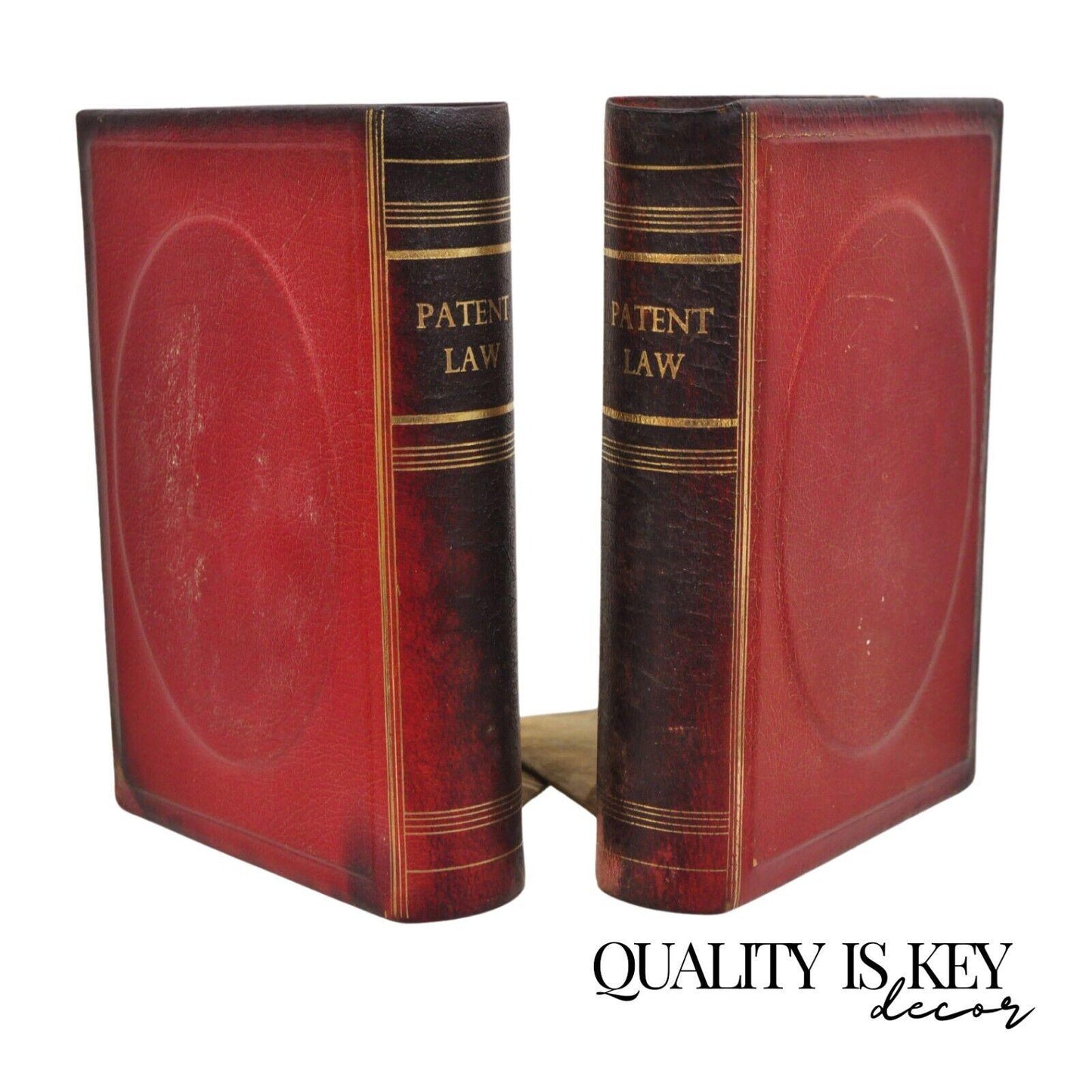 Vintage Italian Red Leather Bound "Patent Law" Faux Book Bookends (B) - Pair