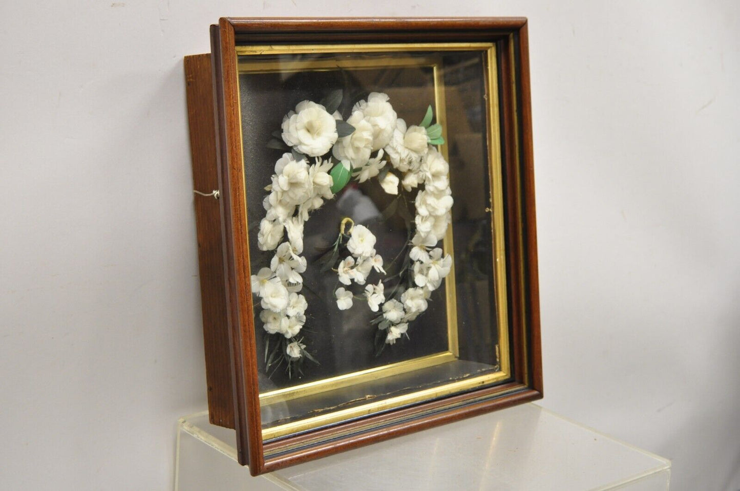 Antique Victorian White Feather Floral Mourning Wreath Mahogany Wood Shadow Box