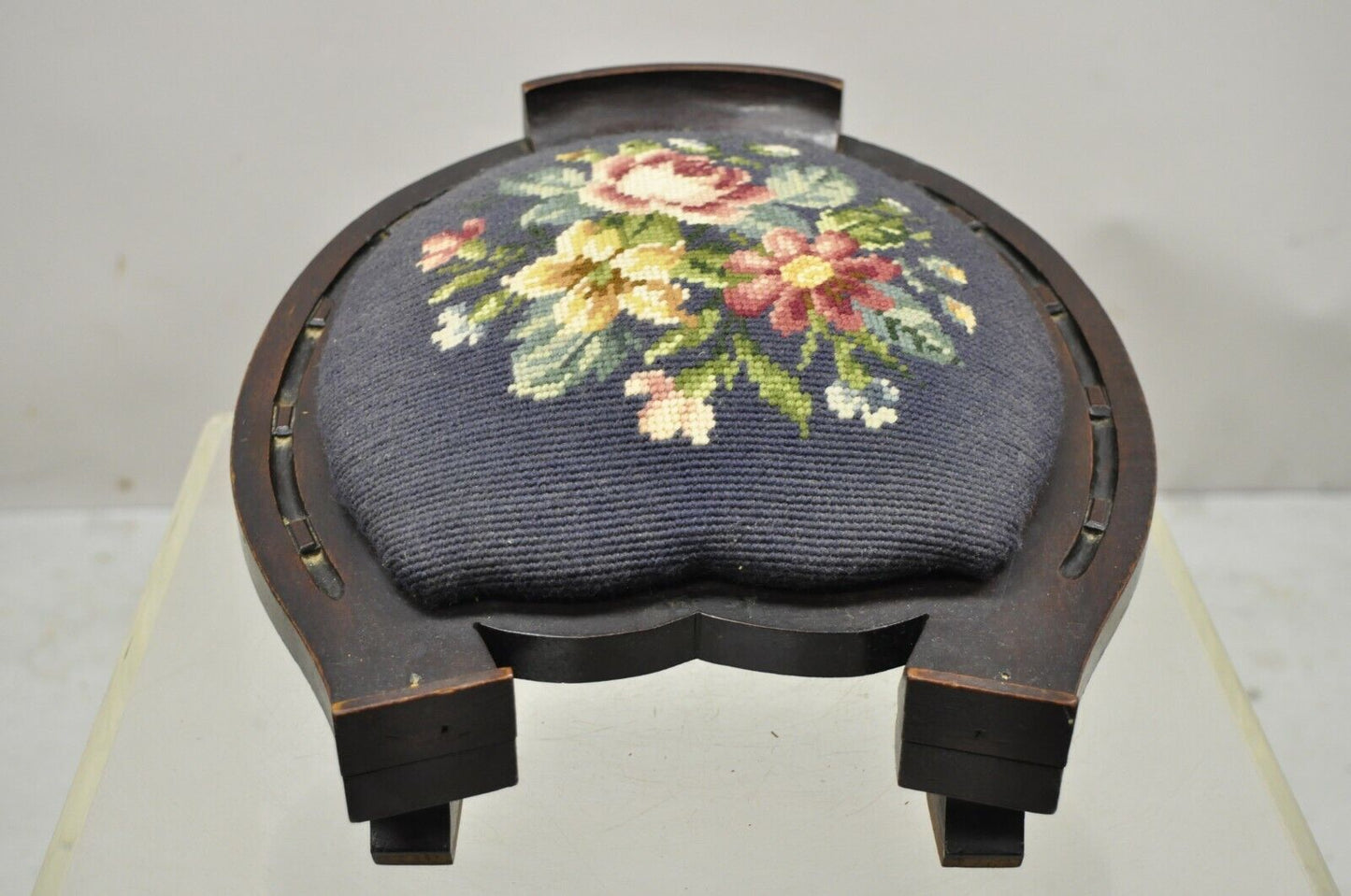 Victorian Carved Mahogany Horseshoe Needlepoint Gout Stool Footstool Ottoman