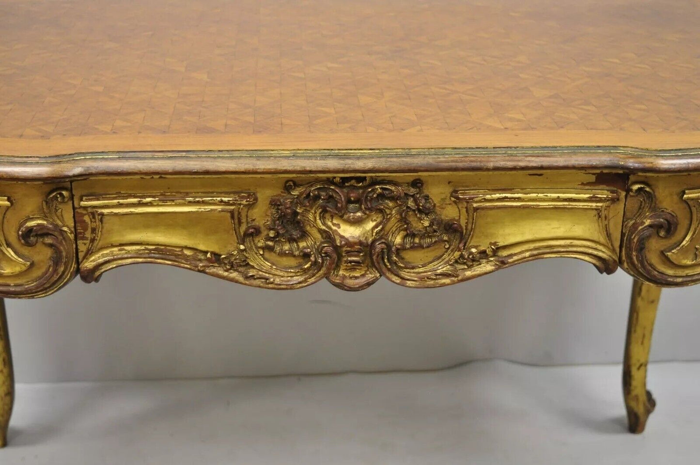 19th C. French Louis XV Style Gold Giltwood Writing Desk w/ Marquetry Inlay Top