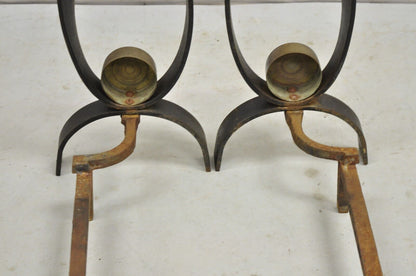 Vintage Donald Deskey Mid Century Modern Iron and Brass Ribbon Andiron - a Pair