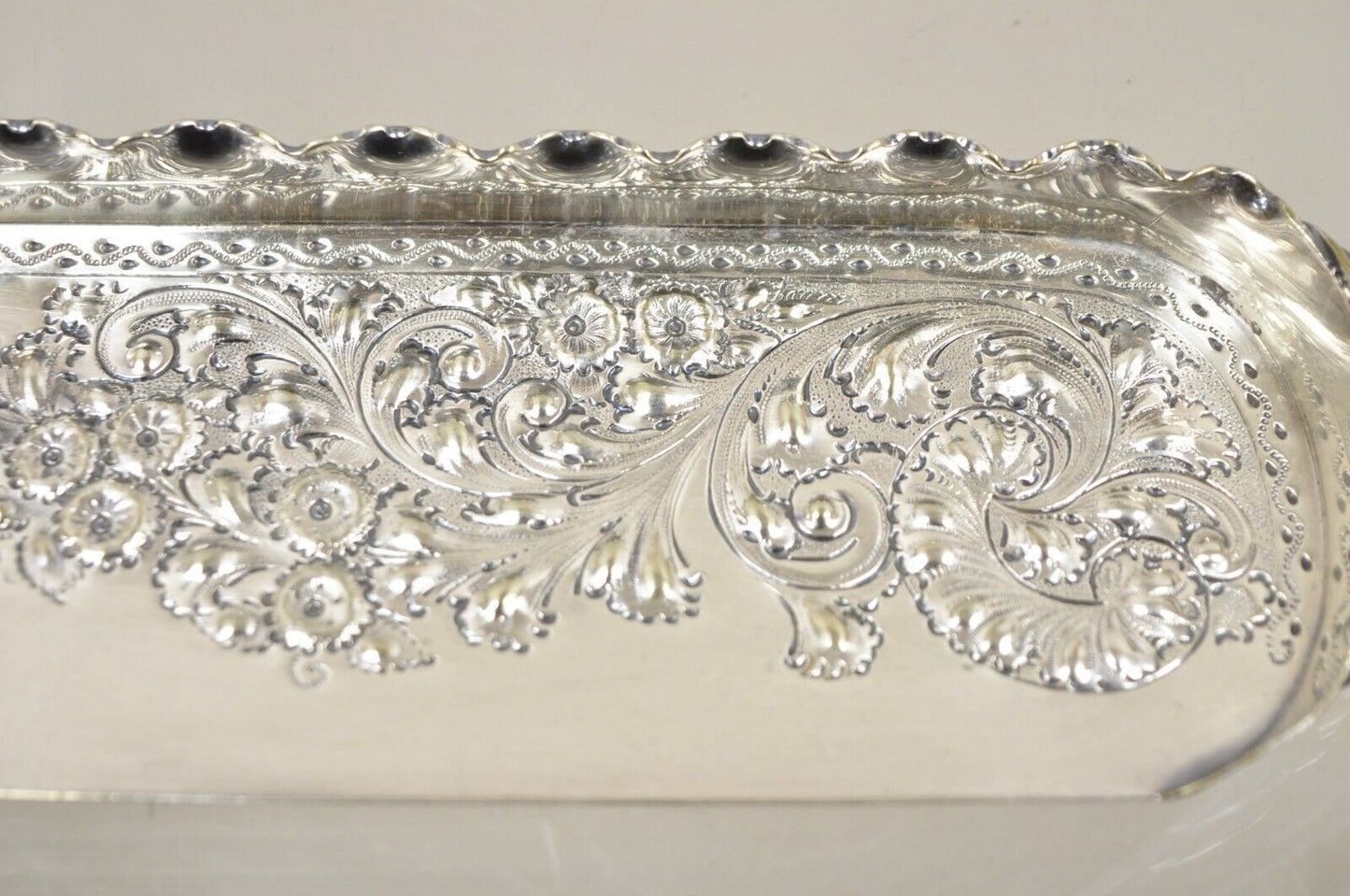 Antique English Victorian Floral Repousse Silver Plated Crumb Scoop Tray