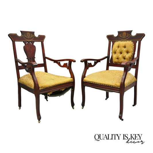 Pair of Antique Eastlake Victorian Mahogany Inlaid Parlor Arm Chairs