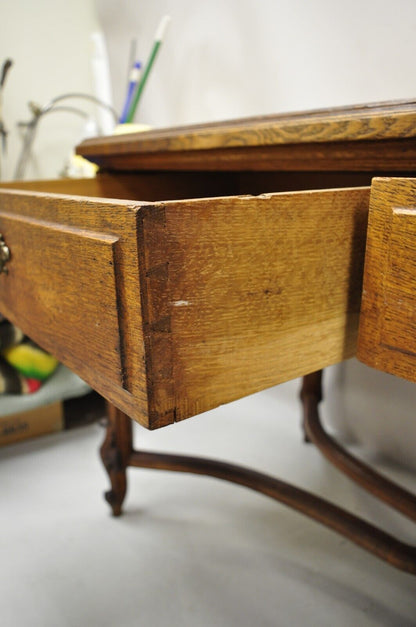 Antique French Victorian Louis XV Style Oak 2 Drawer Writing Desk Console Table