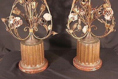 Pair of Antique Italian Tole Metal Hand painted Floral Table Lamps