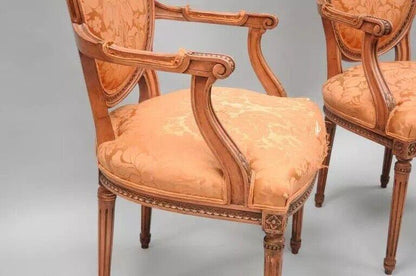 French Louis XVI Style Pink Distress Painted Oval Back Dining Arm Chairs - Pair