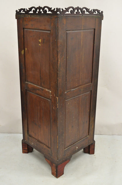 Antique Arts & Craft Oak Wood Glass One Door Fretwork Corner China Cabinet Curio