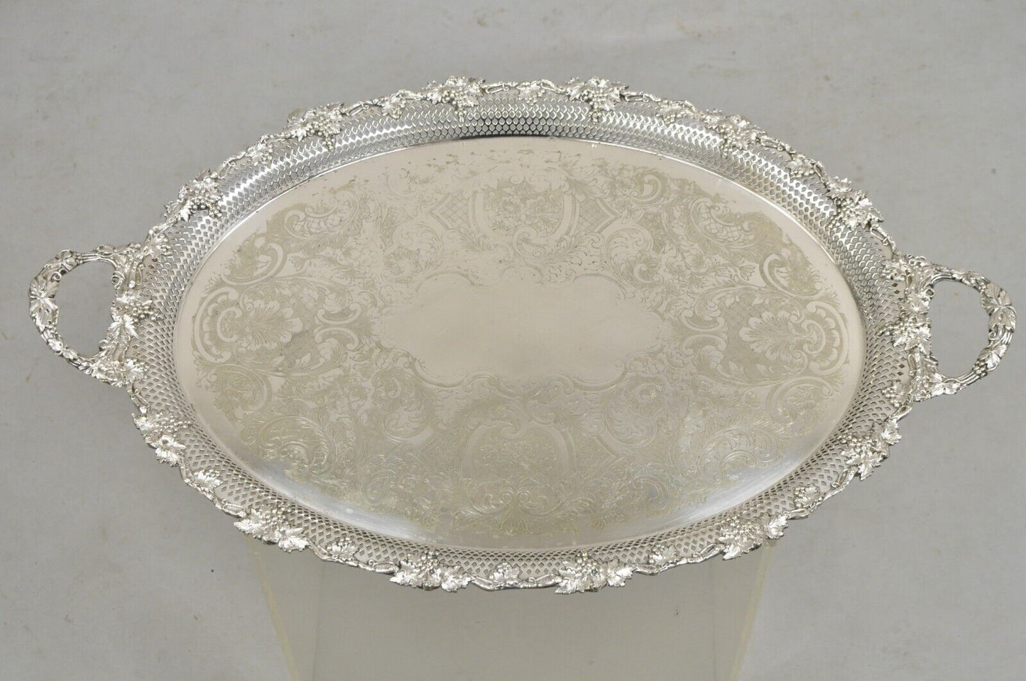 Antique Barker Ellis Victorian Grapevine Repousse Pierced Gallery Serving Tray