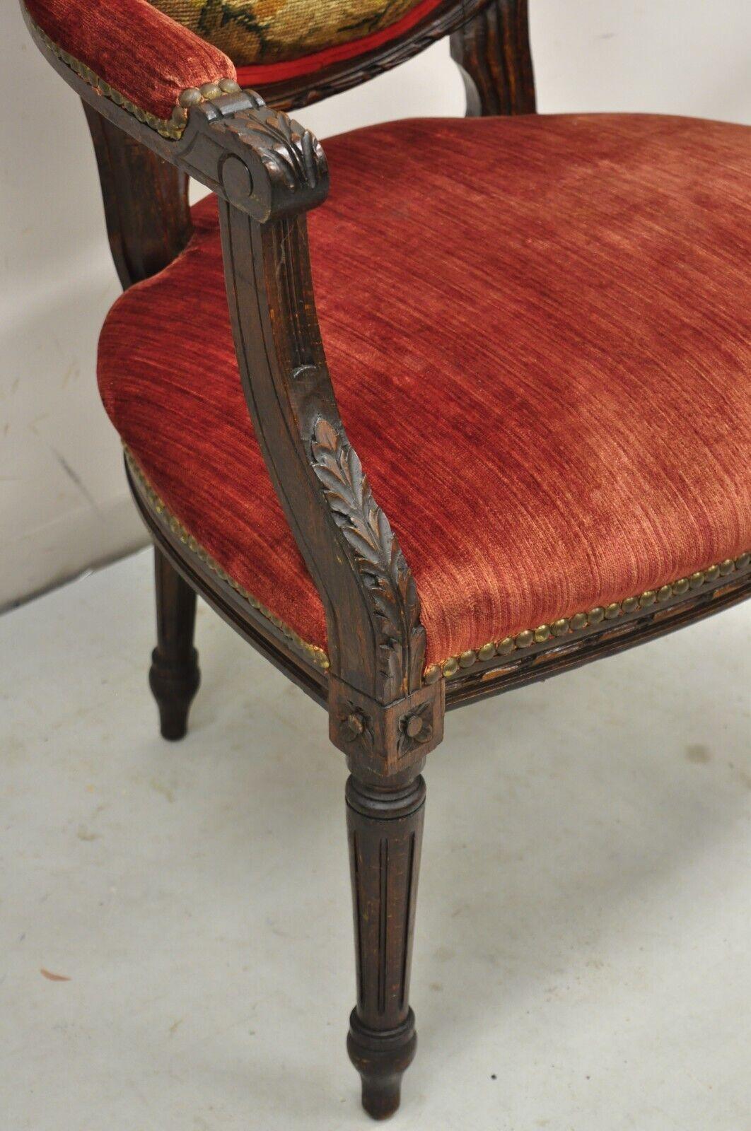 Antique French Louis XVI Style Carved Walnut Needlepoint Red Fauteuil Arm Chair