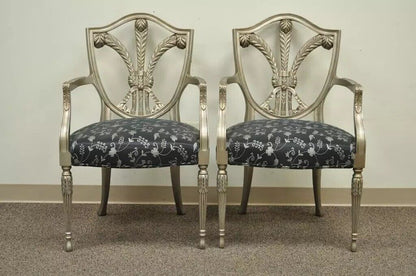 Sheraton Style Shield Back Plume Prince of Wales Silver Dining Arm Chairs - Pair