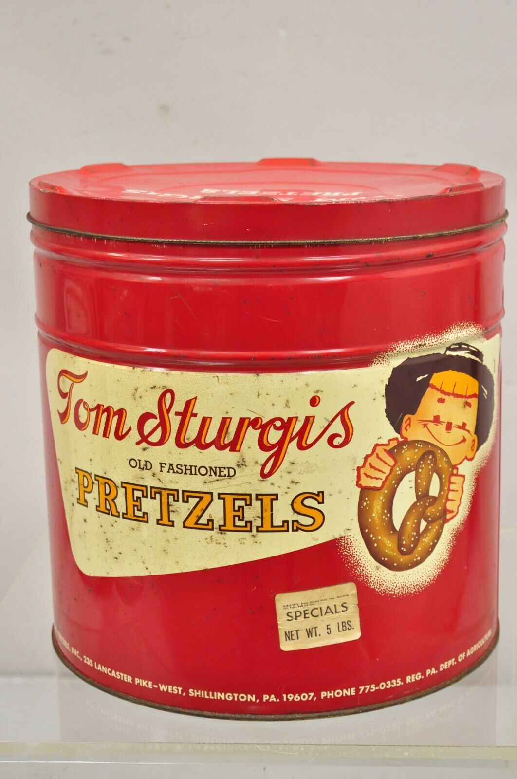 Vintage Tom Sturgis Pretzels Large Tin Metal Red Advertising Can