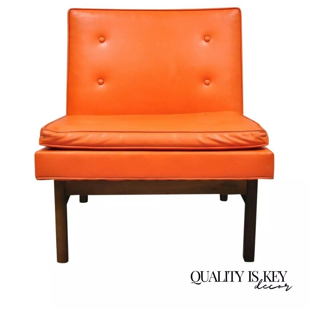 Milo Baughman Thayer Coggin Mid Century Modern Orange Teak & Vinyl Lounge Chair