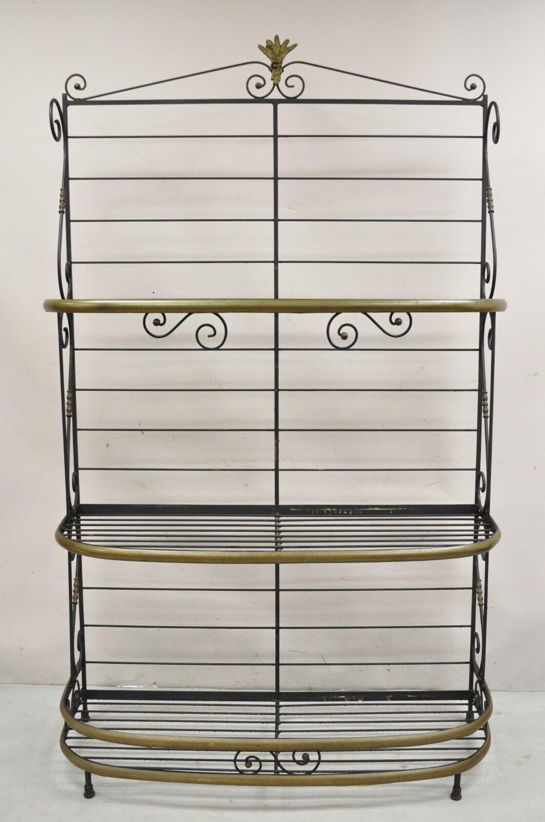 Vintage French Bakers Rack 3 Tier Scrolling Wrought Iron and Brass Etagere