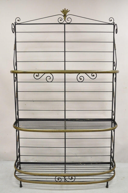 Vintage French Bakers Rack 3 Tier Scrolling Wrought Iron and Brass Etagere