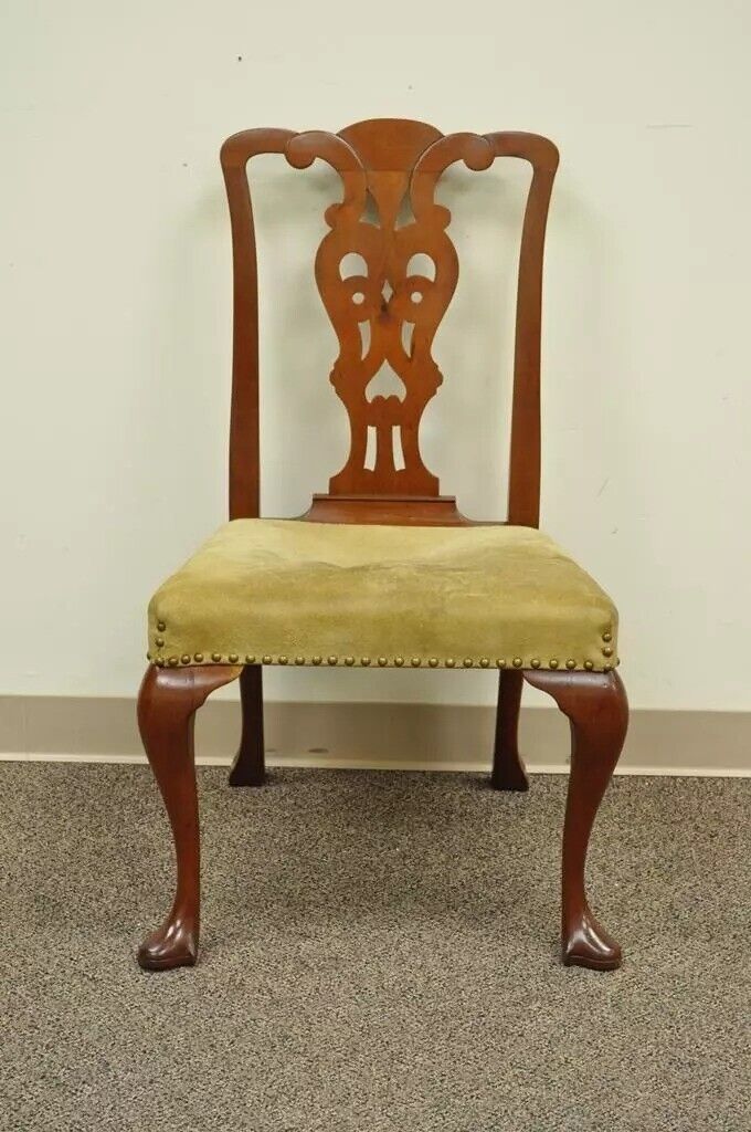 Antique Chippendale Queen Anne Style Mahogany Dining Side Chair with Suede Seat