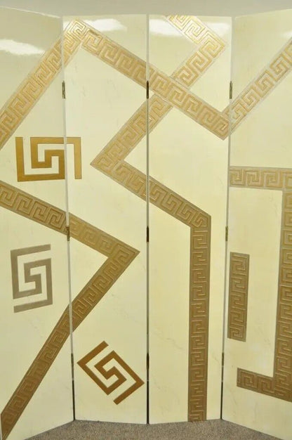 Artmax Hollywood Regency Style Greek Key 4 Panel Cream Gold Screen Room Divider