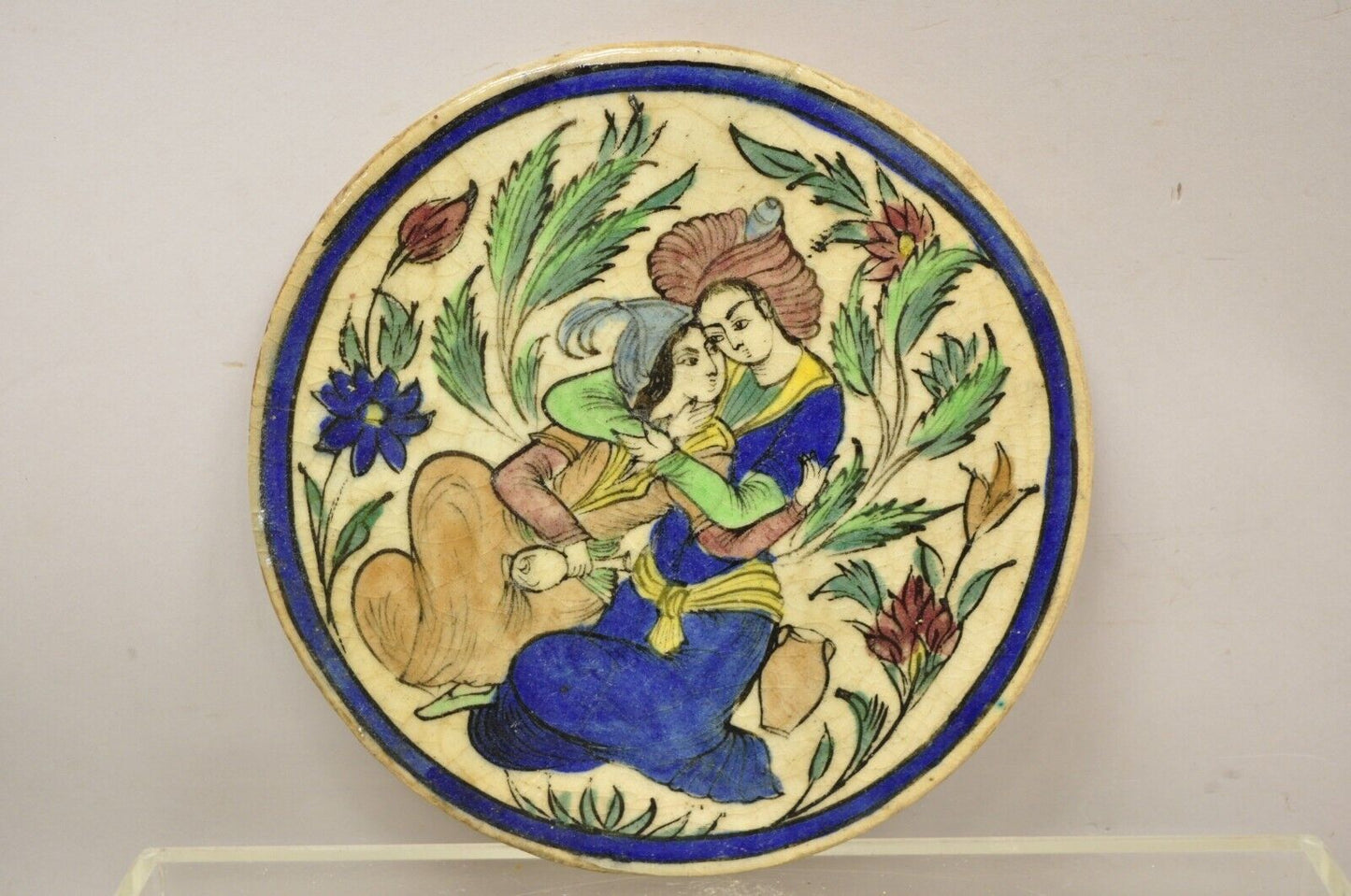 Antique Persian Iznik Qajar Style Ceramic Pottery Round Tile Sitting Couple C4