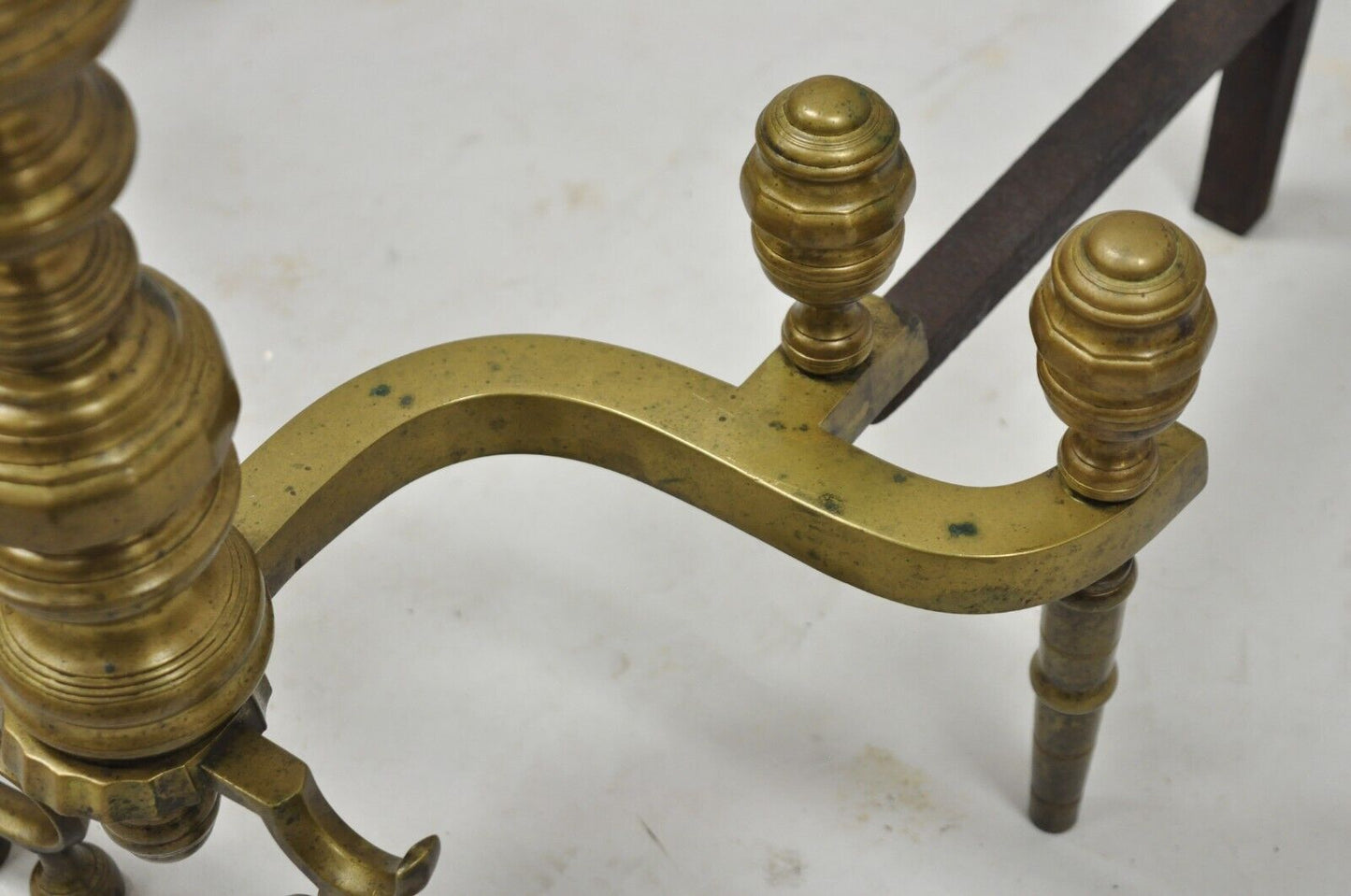 Antique Federal Style Turned Brass & Cast Iron Fireplace Andirons - a Pair