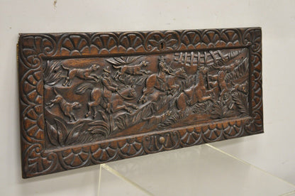 Antique Oak Jacobean Relief Carved Hunt Scene Architectural Wall Panel Plaque