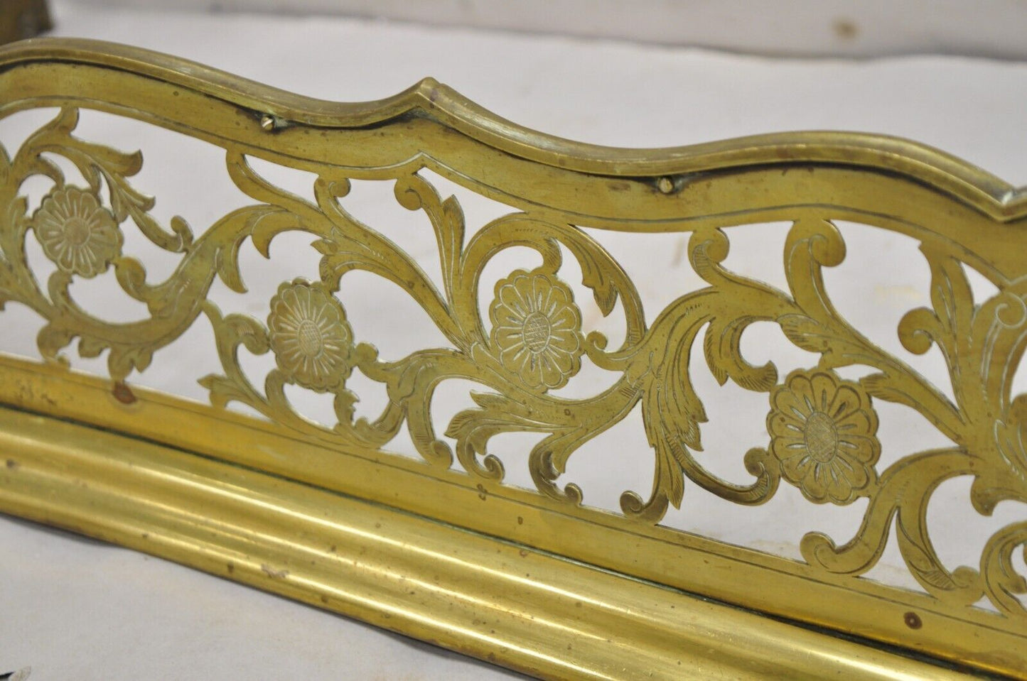 Antique French Renaissance Brass Figural Floral 67" Fireplace Surround Fender