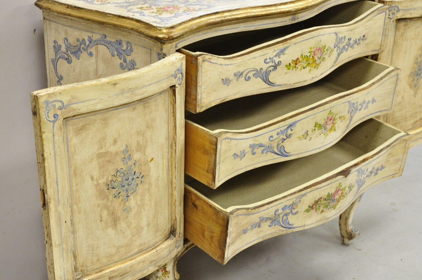 19th C. Italian Venetian Hand Painted Demilune Buffet Cabinet with 3 Drawers