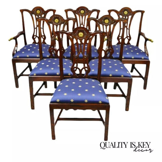 Maitland Smith Mahogany Chippendale Style Dining Chairs Brass Ormolu - Set of 6