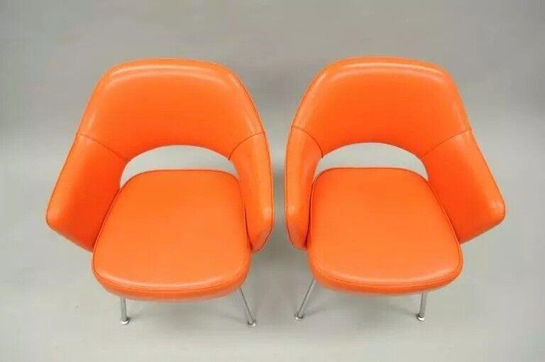 Early Vintage Eero Saarinen for Knoll Orange Vinyl Executive Arm Chairs - a Pair