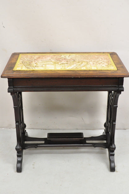 Antique Eastlake Victorian Carved Walnut Small Sewing Stand Tapestry Side Table