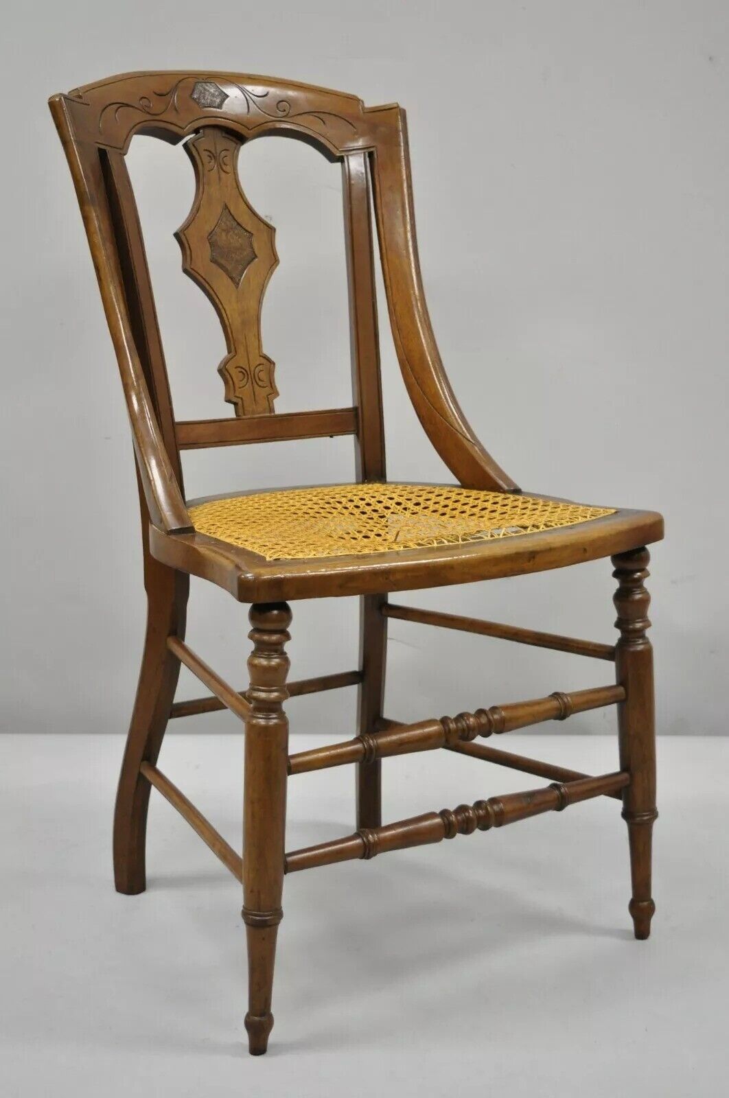 19th Century Antique Eastlake Victorian Carved Walnut Cane Dining Side Chair (B)