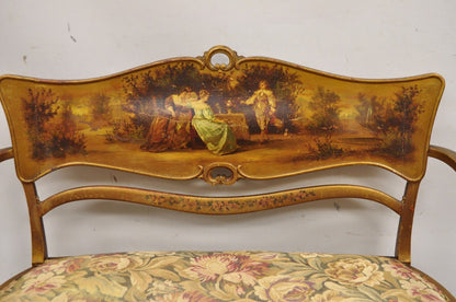 Antique Victorian Art Nouveau Gold Giltwood Hand Painted Settee 2 Pc Parlor Set