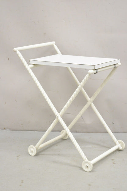 Vintage Mid Century Modern White Small Spool Carved Folding Bar Cart Side Table