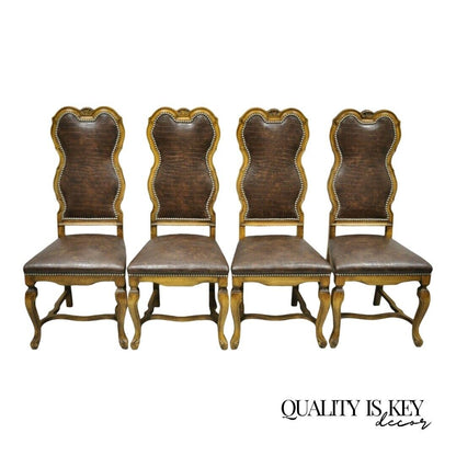 Italian Baroque Rococo Carved Wood Brown Reptile Print Dining Chairs - Set of 4