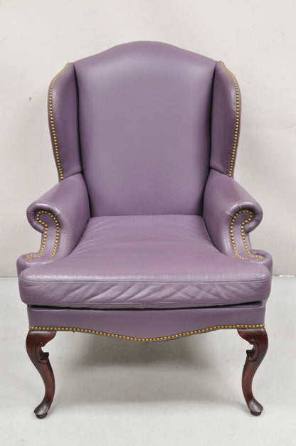 Queen Anne Style Purple Leather Wingback Chair with Nail Heads by Leather Center