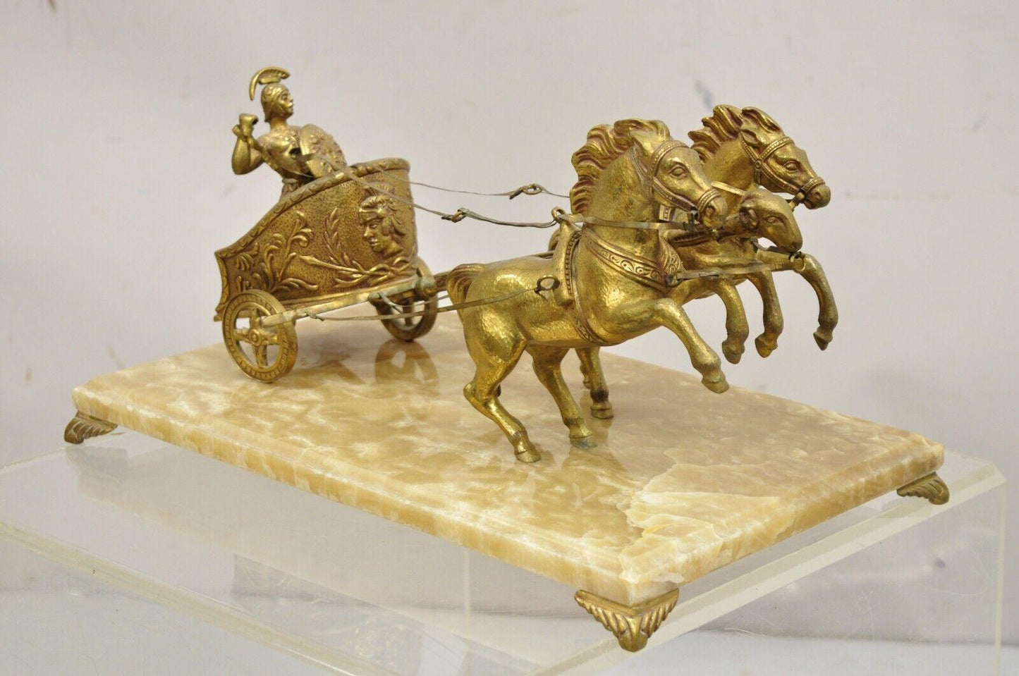 Vintage Gold Gilt Metal Roman Horse Drawn Chariot Sculpture on Marble Base