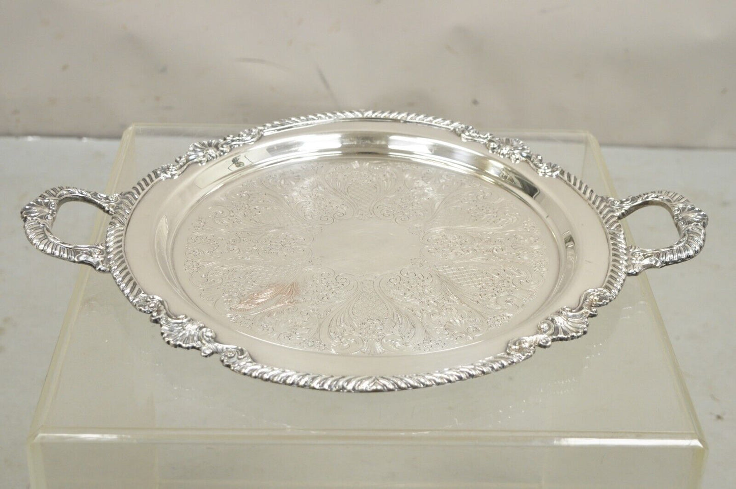 Vintage Sheffield Victorian Style Silver Plated Round Twin Handle Platter Tray