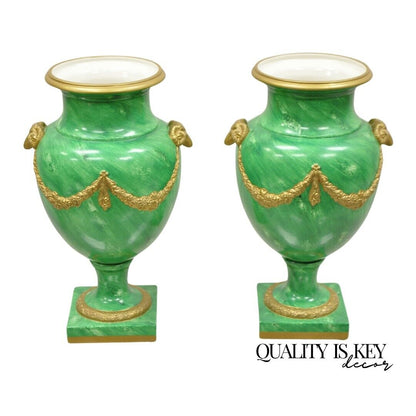 Chelsea House Italian Regency Ram Green Malachite Painted Porcelain Urn - a Pair