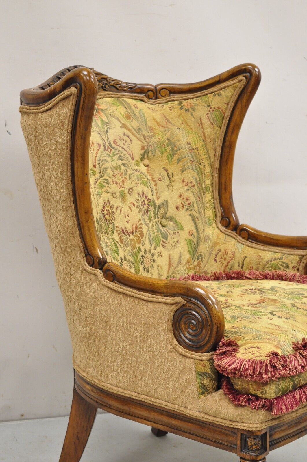 Italian Renaissance Style Carved Wingback Upholstered Armchair