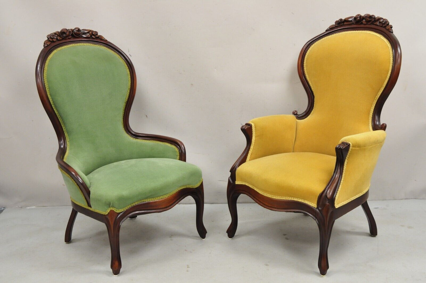 Vintage Victorian Green & Yellow His & Hers Rose Carved Parlor Chairs - a Pair