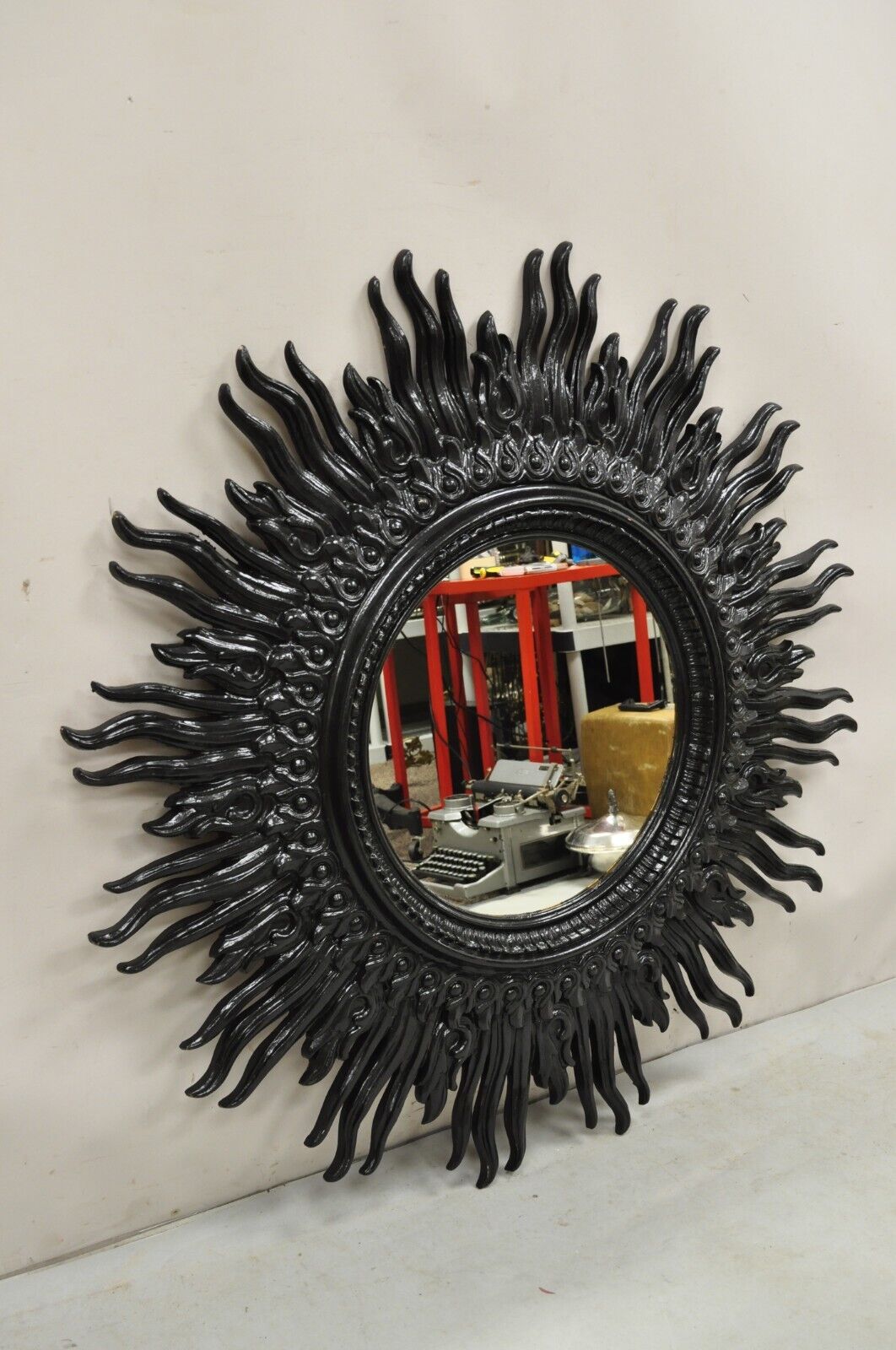 Vintage Hollywood Regency Lrg Molded Plastic Black Painted Sunburst Wall Mirror