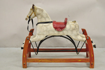 Antique Victorian Rocking Horse Glider Childs Toy Carved Wood White Red Painted