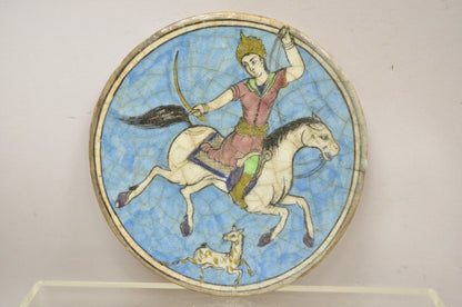 Antique Persian Iznik Qajar Style Ceramic Pottery Round Tile Blue Horse Rider C4