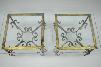 Pair Hollywood Regency Gold Gilt Iron Square Glass Top Brutalist Low End Tables