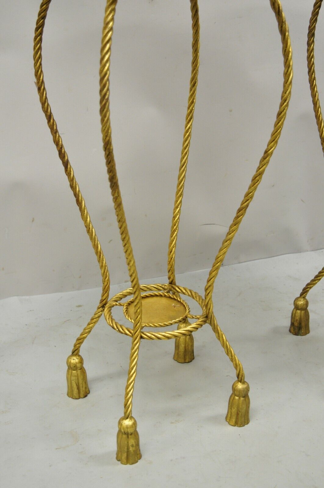 Italian Gold Gilt Iron Rope Tassel Marble Top Tall Pedestal Plant Stand - a Pair