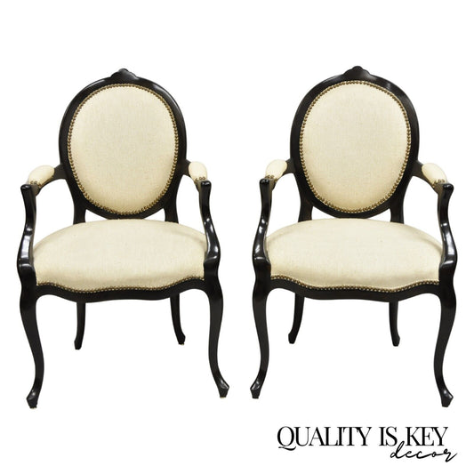 French Hollywood Regency Louis XV Style Mahogany Oval Back Arm Chairs - a Pair