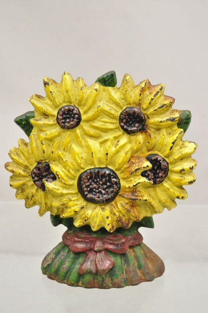 Antique Victorian Cast Iron Figural Yellow Sunflower Bouquet Painted Door Stop