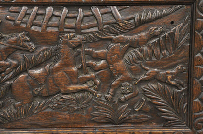 Antique Oak Jacobean Relief Carved Hunt Scene Architectural Wall Panel Plaque