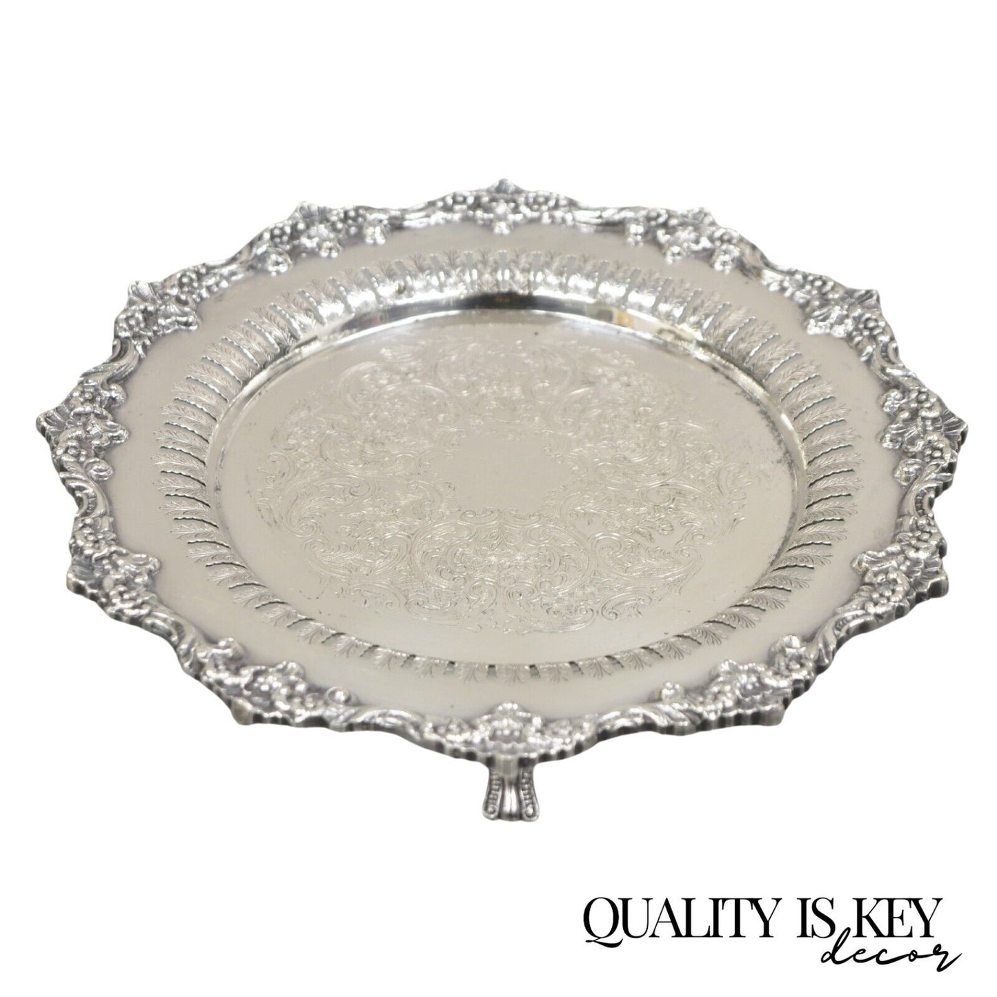 Vintage English Victorian Reticulated Silver Plated Round Footed Serving Tray