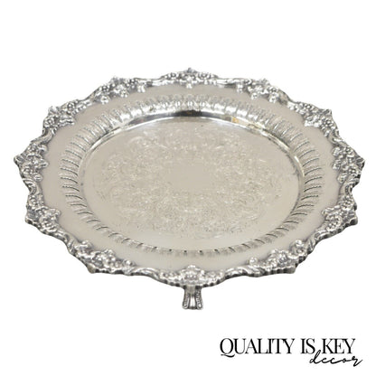 Vintage English Victorian Reticulated Silver Plated Round Footed Serving Tray