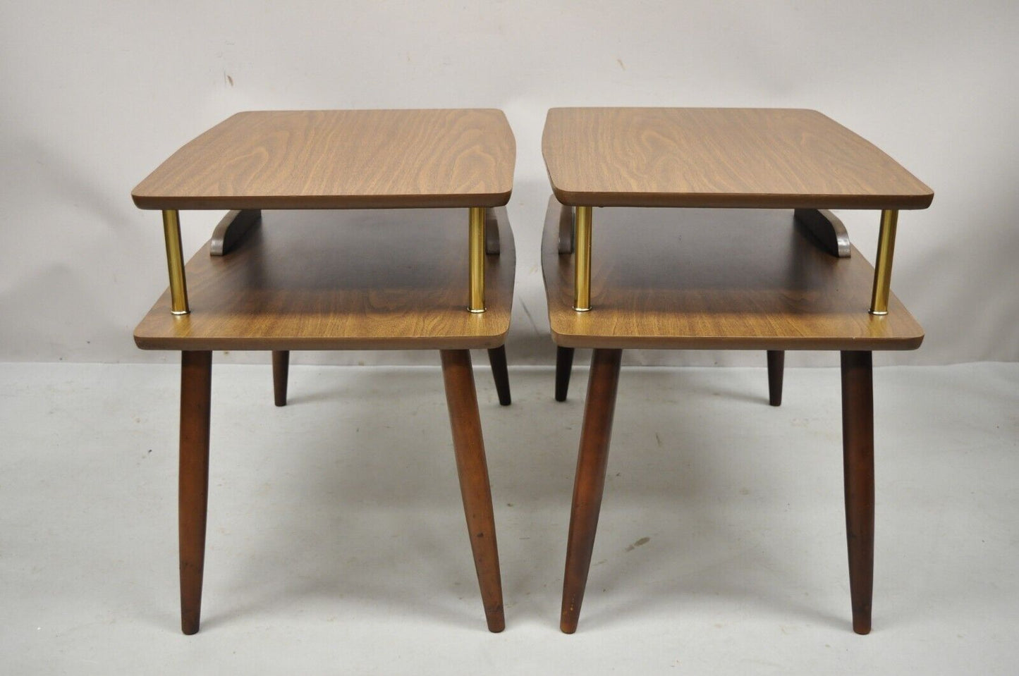 Mid Century Modern Walnut and Laminate Top 2 Tier Step Up End Tables - a Pair