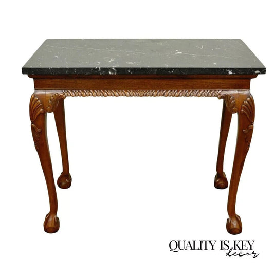 Vintage Carved Mahogany Chippendale Style Ball and Claw Marble Top Console Table